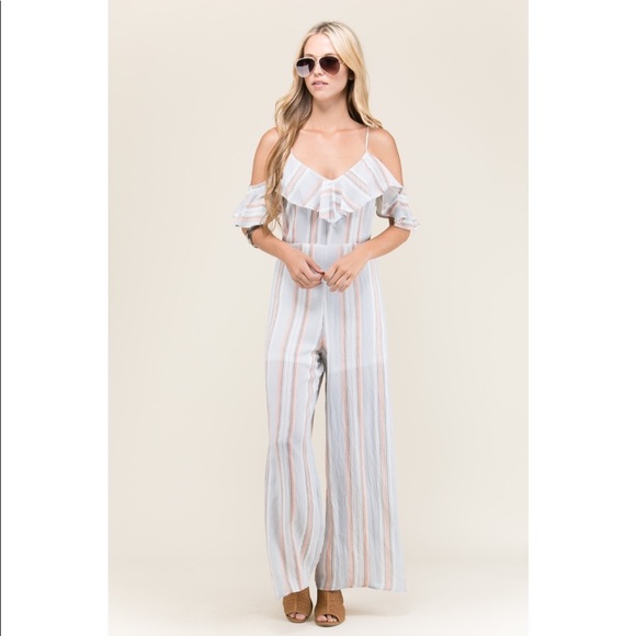 Pants - Cold Shoulder Ruffle Sleeve Striped Jumpsuit